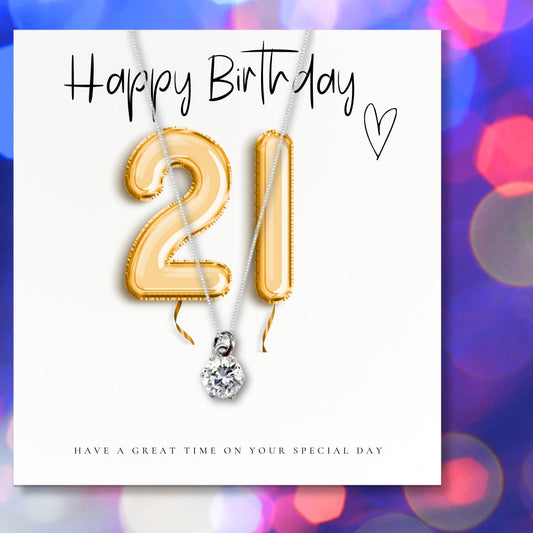 21st Birthday Cubic Zirconia Silver Necklace & Gold Balloons Gift Card
